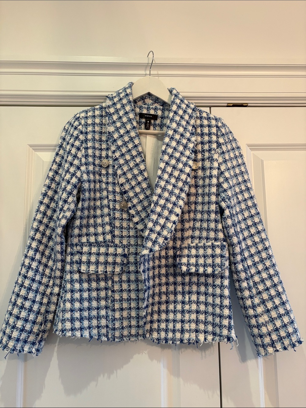 Aqua Blue & White Check Tweed Double-Breasted Blazer